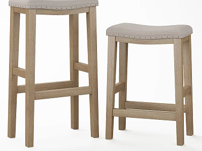 Light Wood Stools With Upholstered Seat And Stitched Design Detail 3d model