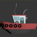 Red Toy Boat with Black Buoys White Cabin Green Door Gray Chimney Antenna on Deck