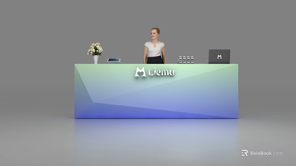 Modern Gradient Color Reception Desk with White Flower Vase Laptop and Menu Logo 3d model 