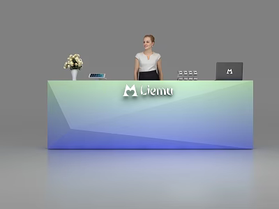 Modern Gradient Color Reception Desk with White Flower Vase Laptop and Menu Logo 3d model