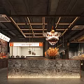 Japanese Ramen Restaurant Interior With Wooden Tables and Stools Wheat Decorations Brick Wall Hanging Lanterns