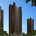 Modern High Rise Residential Building With Orange Brown Exterior Large Windows And Blue Sky Background