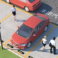Red Honda Car Parked In Parking Lot With Yellow Lines And People Walking