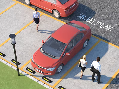 Red Honda Car Parked In Parking Lot With Yellow Lines And People Walking 3d model