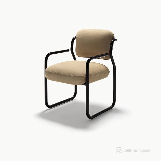Modern Single Chair With Beige Upholstery And Black Metal Frame Design 3d model 