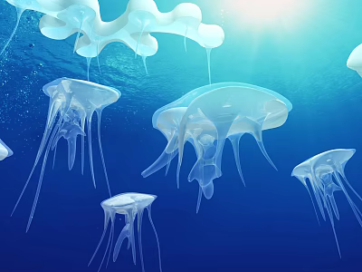 Transparent Jellyfish Swimming in Blue Ocean Water with Sunlight and Long Tentacles 3d model