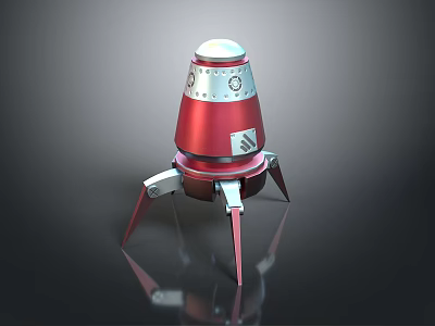 Red Rocket Model With Silver Top Three Red Legs On Reflective Black Surface 3d model