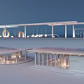 Garden Landscape Design with Modern Overhead Walkway Curved Buildings and Outdoor Lighting