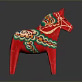 Red Traditional Decorative Wooden Horse With Colorful Cloud And Floral Patterns