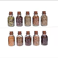 Set Of Glass Spice Bottles With Cork Stoppers Filled With Various Spices