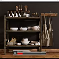 Rustic Wooden Shelving Unit Holding Bowls Mugs Plates and Hanging Aprons Against Dark Wall