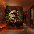 Elegant Restaurant Interior With Red Ceiling Green Plants Dining Area And Decorative Wall 3d model