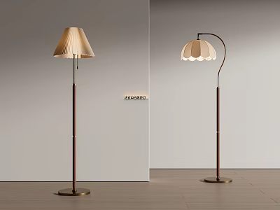 Modern Floor Lamps With Pleated And Curved Shades On Brown Stand Minimalist White Wall 3d model
