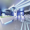Modern Exhibition Hall With Geometric Ceiling Lights White Podiums And Digital Screens