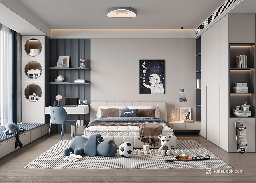 Cozy Kids Room Interior Design With Bed Stuffed Animals Soccer Ball Rug And Astronaut Painting 3d model 