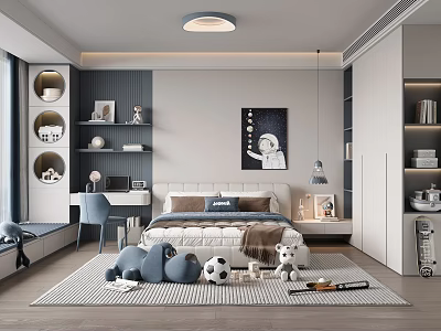 Cozy Kids Room Interior Design With Bed Stuffed Animals Soccer Ball Rug And Astronaut Painting 3d model