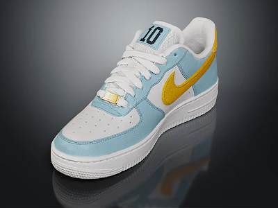 Stylish Nike Light Blue Sneakers With White Laces Yellow Logo And Number 10 On Tongue 3d model