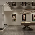 Modern Billiard Room Interior With Marble Wall Artwork And Pendant Lights