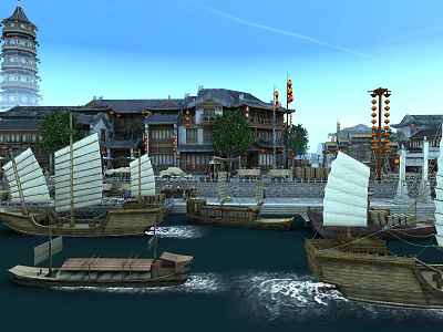 Traditional Ancient style Waterfront Scenery With Pagoda Sailing Boats And Buildings 3d model