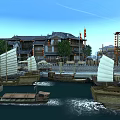 Traditional Ancient style Waterfront Scenery With Pagoda Sailing Boats And Buildings