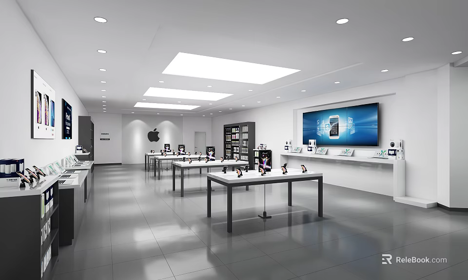 Modern Digital Store with Display Tables Apple Products Electronic Devices Large Screen and Shelves 3d model 