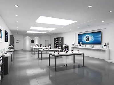 Modern Digital Store with Display Tables Apple Products Electronic Devices Large Screen and Shelves 3d model