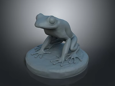 Gray Frog Sculpture Sitting On Round Base With Detailed Legs Decorative Ornament 3d model