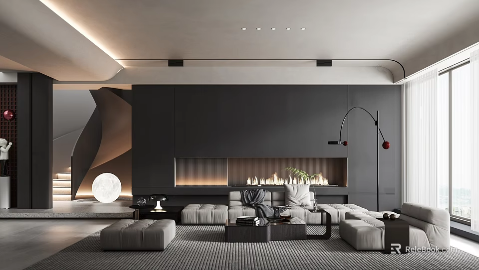 Contemporary Living Room Interior With Dark Wall Fireplace Sofa And Area Rug 3d model 