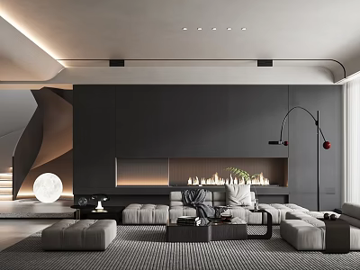 Contemporary Living Room Interior With Dark Wall Fireplace Sofa And Area Rug 3d model