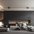 Contemporary Living Room Interior With Dark Wall Fireplace Sofa And Area Rug