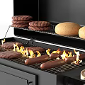 Outdoor Black Grill with Burgers Sausages and Bread Wine Bottle Firewood and Cooking Utensils