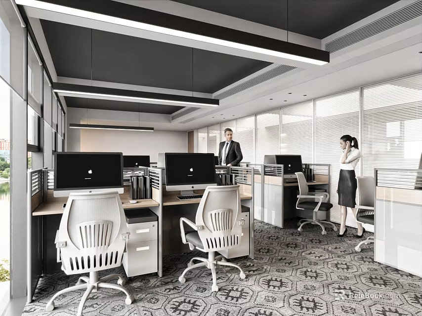 Modern Office Interior With Open Workstations Computers Employees Patterned Carpet And Large Windows 3d model