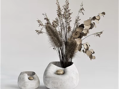 White Concrete Vases With Dried Flowers Large And Small Golden Decor Ball Minimalist Design 3d model