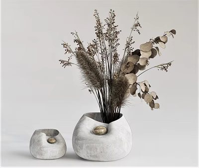 White Concrete Vases With Dried Flowers Large And Small Golden Decor Ball Minimalist Design 3d model