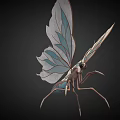 Metallic Insect Sculpture With Leaf Shaped Wings And Blue White Patterns On Dark Background 3d model