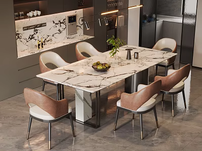 Elegant Modern Kitchen Area Featuring Marble Dining Table And Comfortable Chairs 3d model