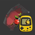 Pikachu Doll Sitting On Yellow Game Console With Red Splash Background Leaves And Berries