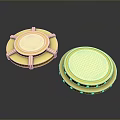 Natural Scenic Landscape With Golden Round Shiny Metal Decorative Elements Under Clear Sky