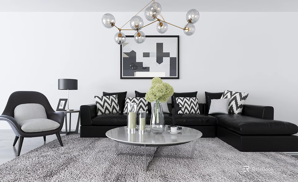 Modern Black L Shaped Sofa And Glass Coffee Table Set With Patterned Cushions 3d model