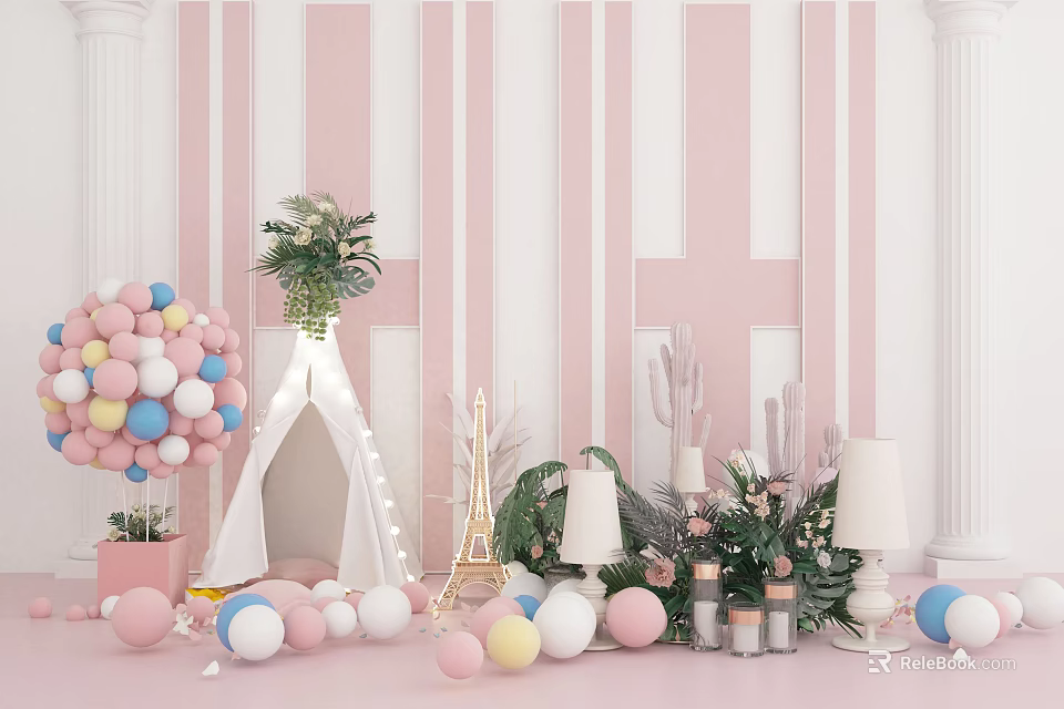 Decorative Scene With Pink White Striped Wall Teepee Balloons Green Plants And Eiffel Tower Model 3d model