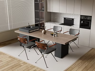Modern Open Kitchen Bar Counter With Wooden Top And Comfortable Dining Chairs 3d model