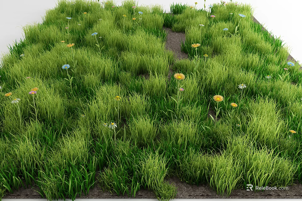 Lush Green Grass With Small Yellow And Blue Flowers Growing Along Dirt Path 3d model 