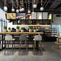 Warm Café Interior Design With Bookshelves Green Plants And Wooden Furniture