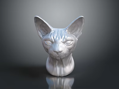 Sphynx Cat Head Sculpture in Silver with Smooth Surface and Dark Background Reflection 3d model