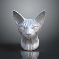 Sphynx Cat Head Sculpture in Silver with Smooth Surface and Dark Background Reflection 3d model