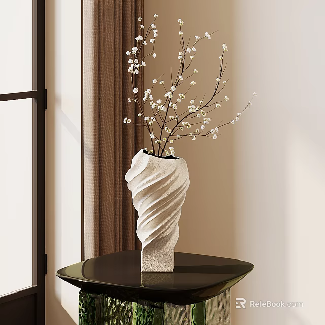 White Twisted Texture Vase With White Small Flowers Branches On Black Round Table Interior 3d model 