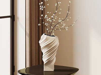 White Twisted Texture Vase With White Small Flowers Branches On Black Round Table Interior 3d model
