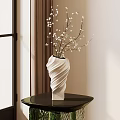 White Twisted Texture Vase With White Small Flowers Branches On Black Round Table Interior 3d model