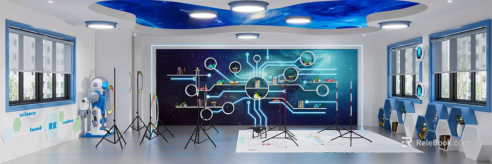 School Science Lab With Starry Ceiling Blue Lighting Circuit Board Backdrop And Circular Windows 3d model