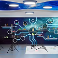 School Science Lab With Starry Ceiling Blue Lighting Circuit Board Backdrop And Circular Windows 3d model